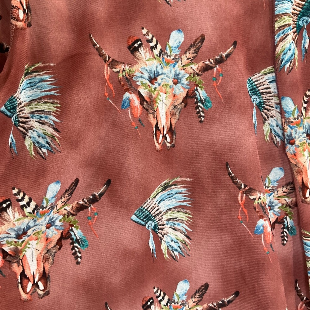 L&B Lucky &‎ Blessed Kimono Duster Sz S Brown Bull Skull Headdress Boho Festival - Picture 7 of 12